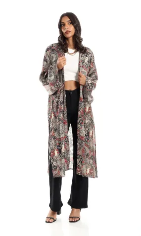 98283 Black, Burgundy & Beige Open Neckline Cardigan