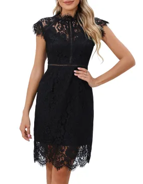 ALLOVIN Women's Sleeveless V-Back Floral Lace Cocktail Party Dress Elegant Knee Length Wedding Guest Dress Black
