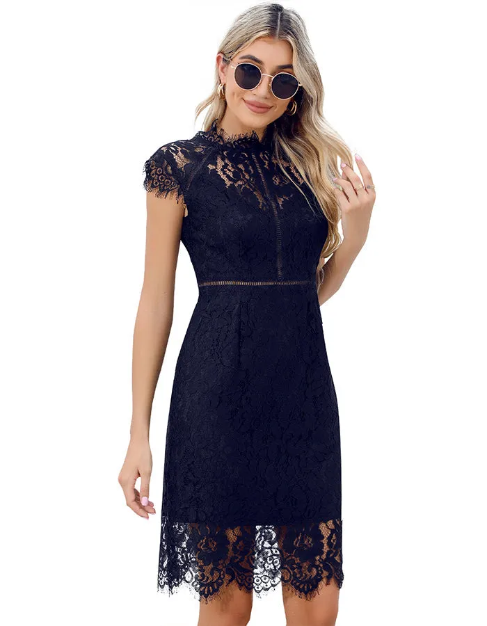 ALLOVIN Women's Sleeveless V-Back Floral Lace Cocktail Party Dress Elegant Knee Length Wedding Guest Dress Navy Blue