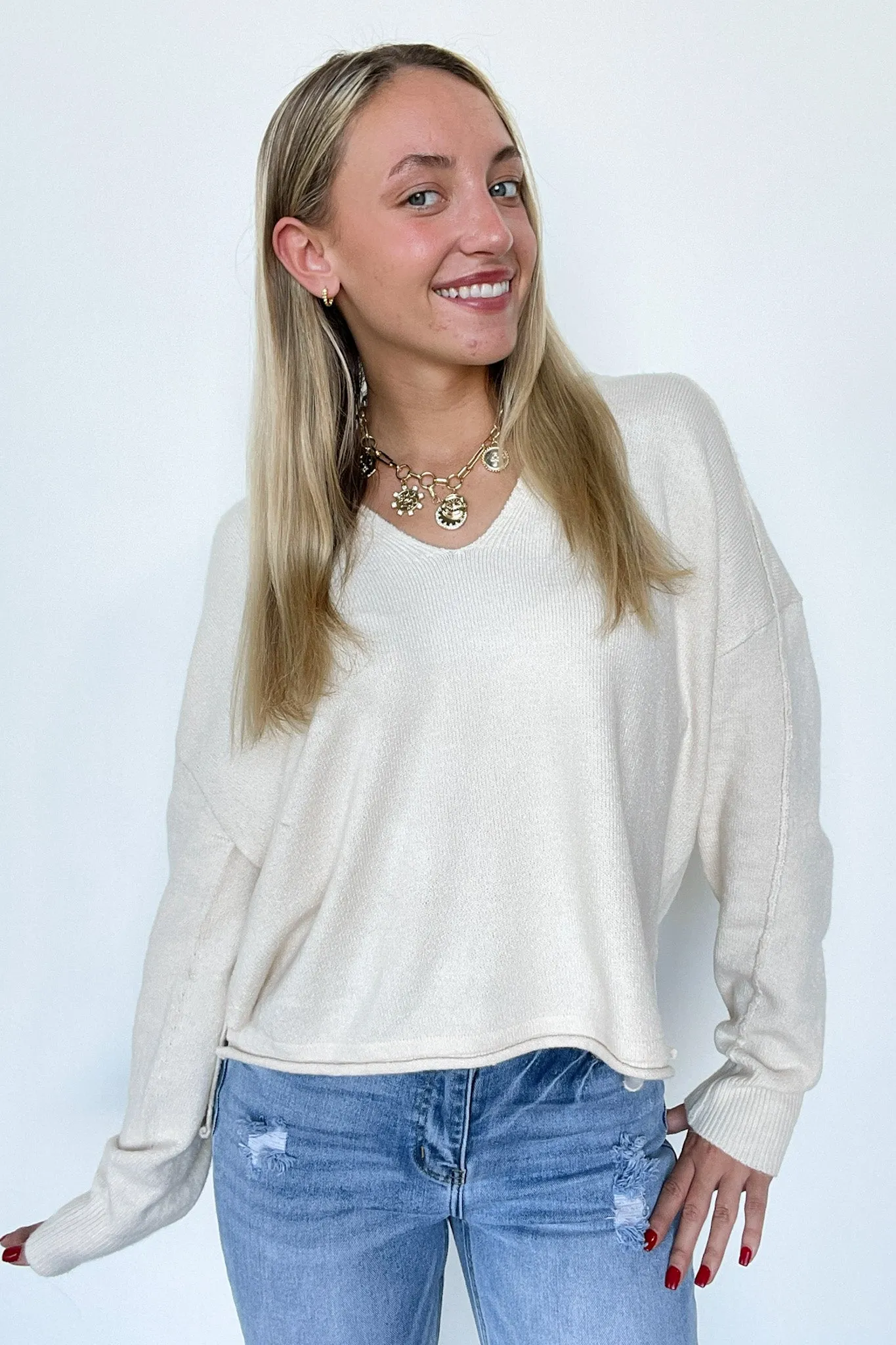 Annalyn Exposed Seam V-Neck Sweater - FINAL SALE