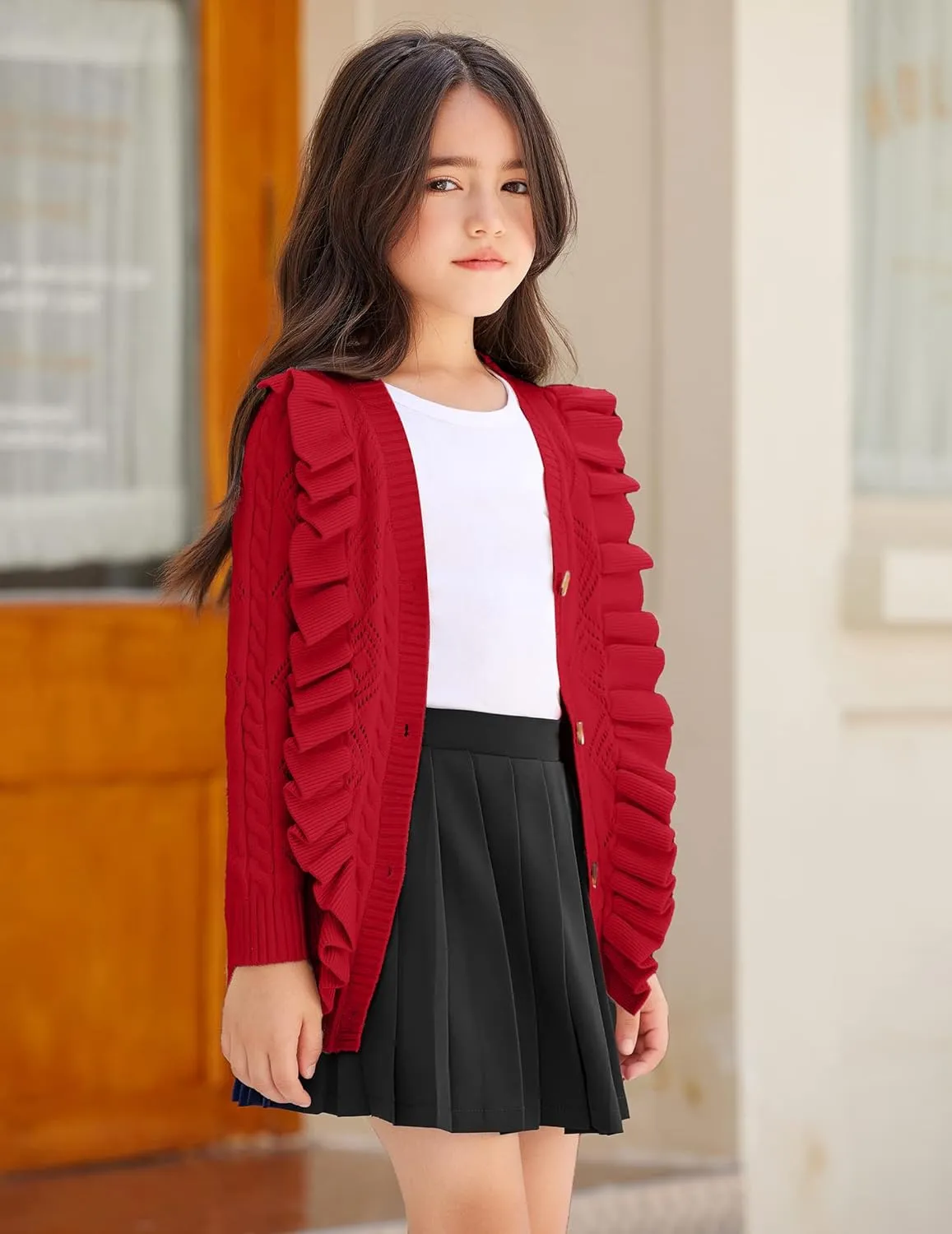Arshiner Girls Cardigan Sweaters Ruffle School Uniform Sweater