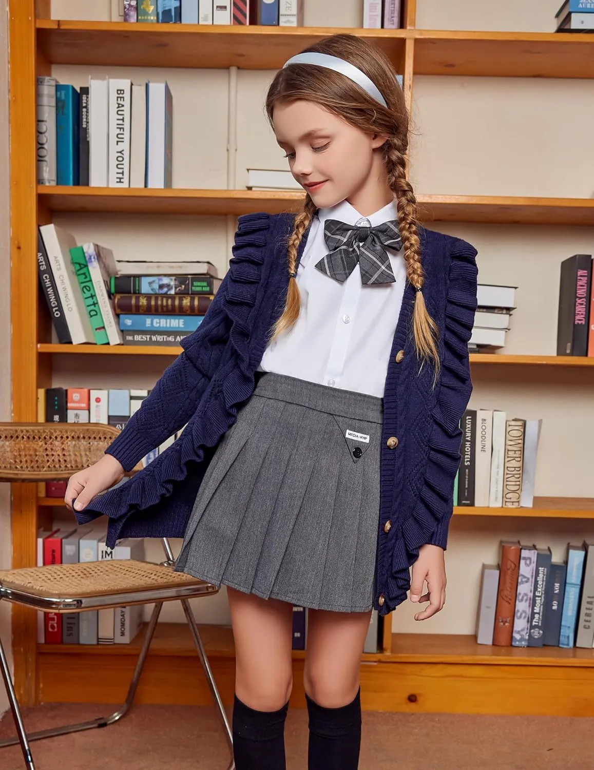 Arshiner Girls Cardigan Sweaters Ruffle School Uniform Sweater
