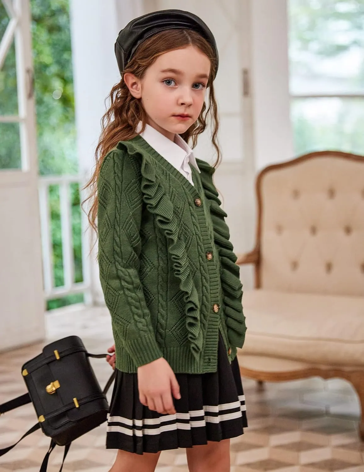 Arshiner Girls Cardigan Sweaters Ruffle School Uniform Sweater
