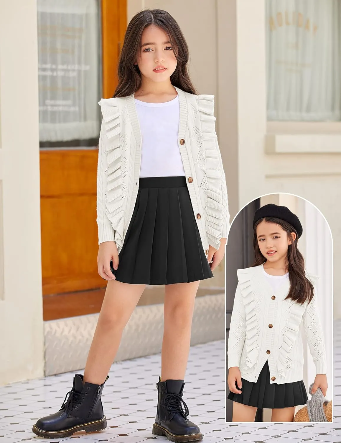 Arshiner Girls Cardigan Sweaters Ruffle School Uniform Sweater