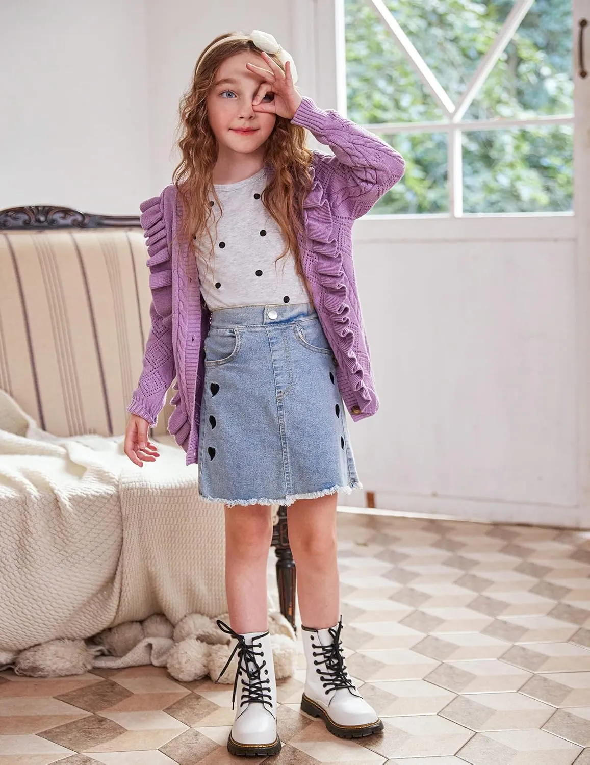 Arshiner Girls Cardigan Sweaters Ruffle School Uniform Sweater