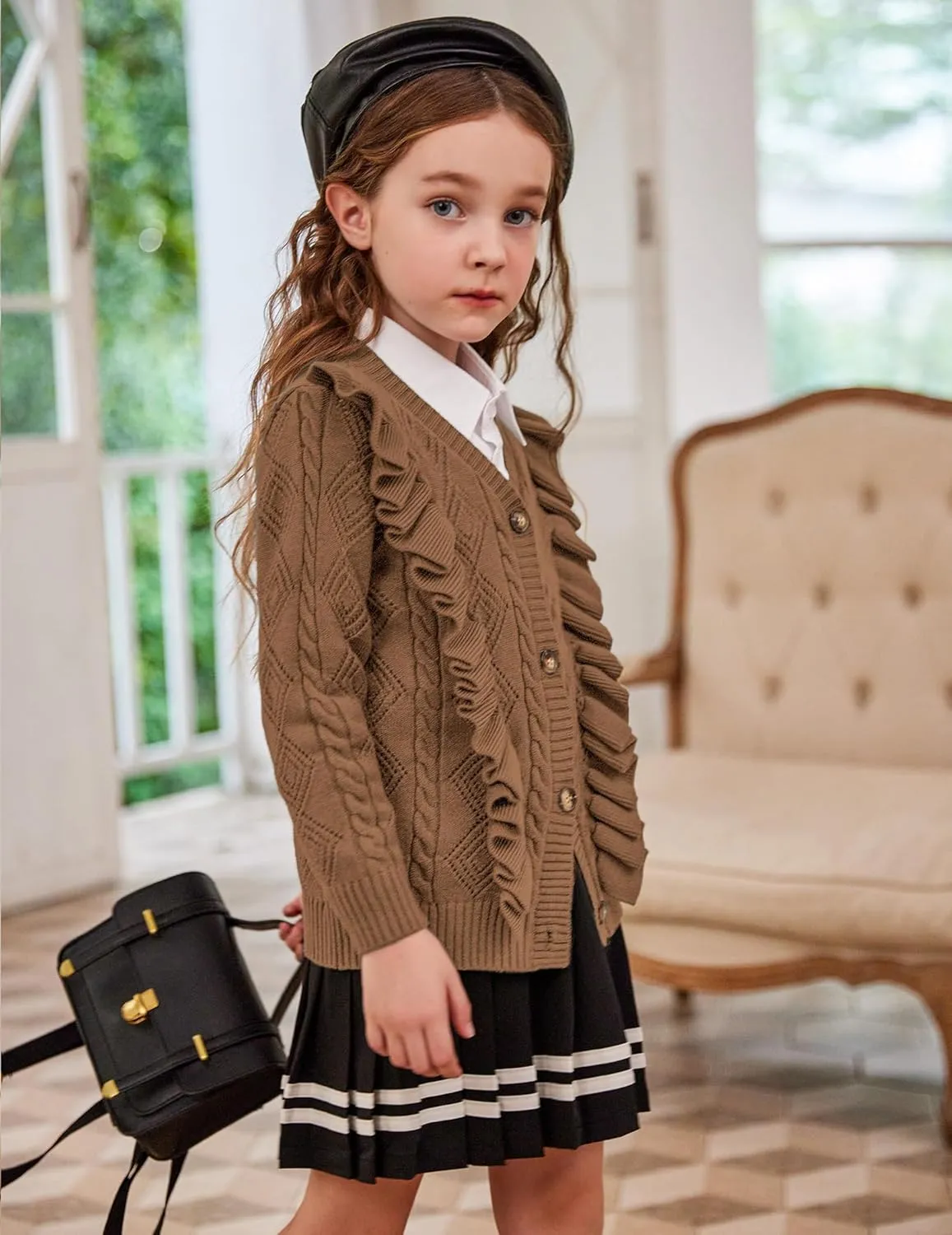 Arshiner Girls Cardigan Sweaters Ruffle School Uniform Sweater