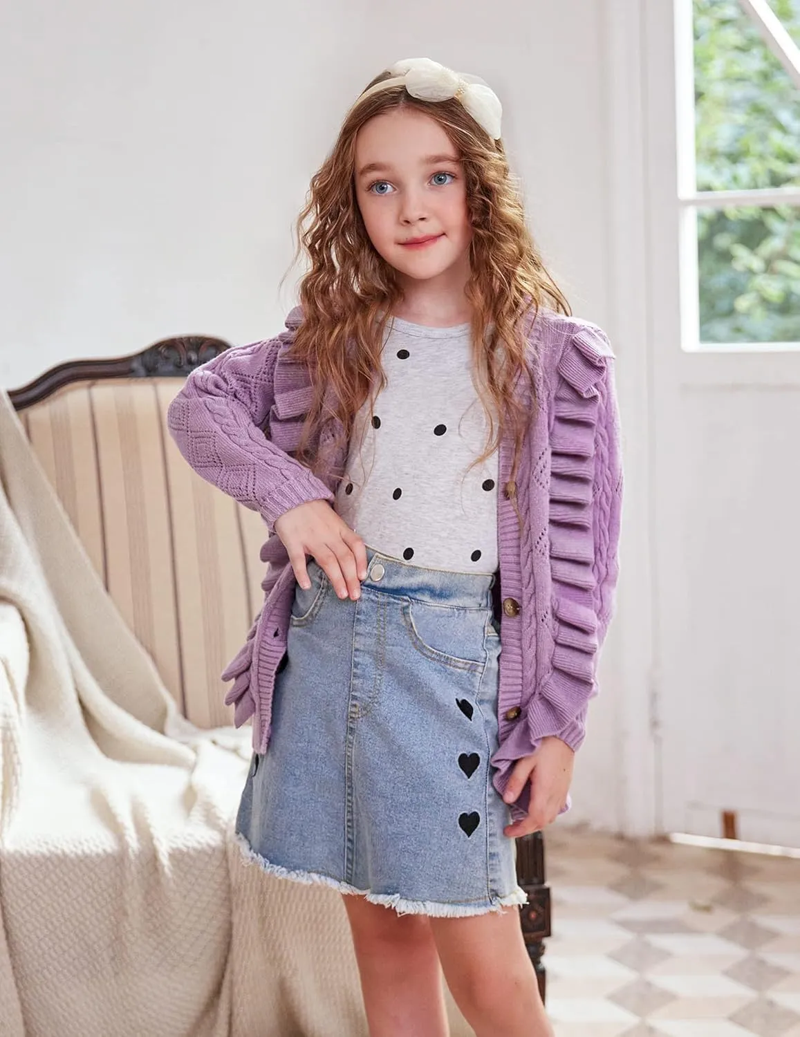 Arshiner Girls Cardigan Sweaters Ruffle School Uniform Sweater