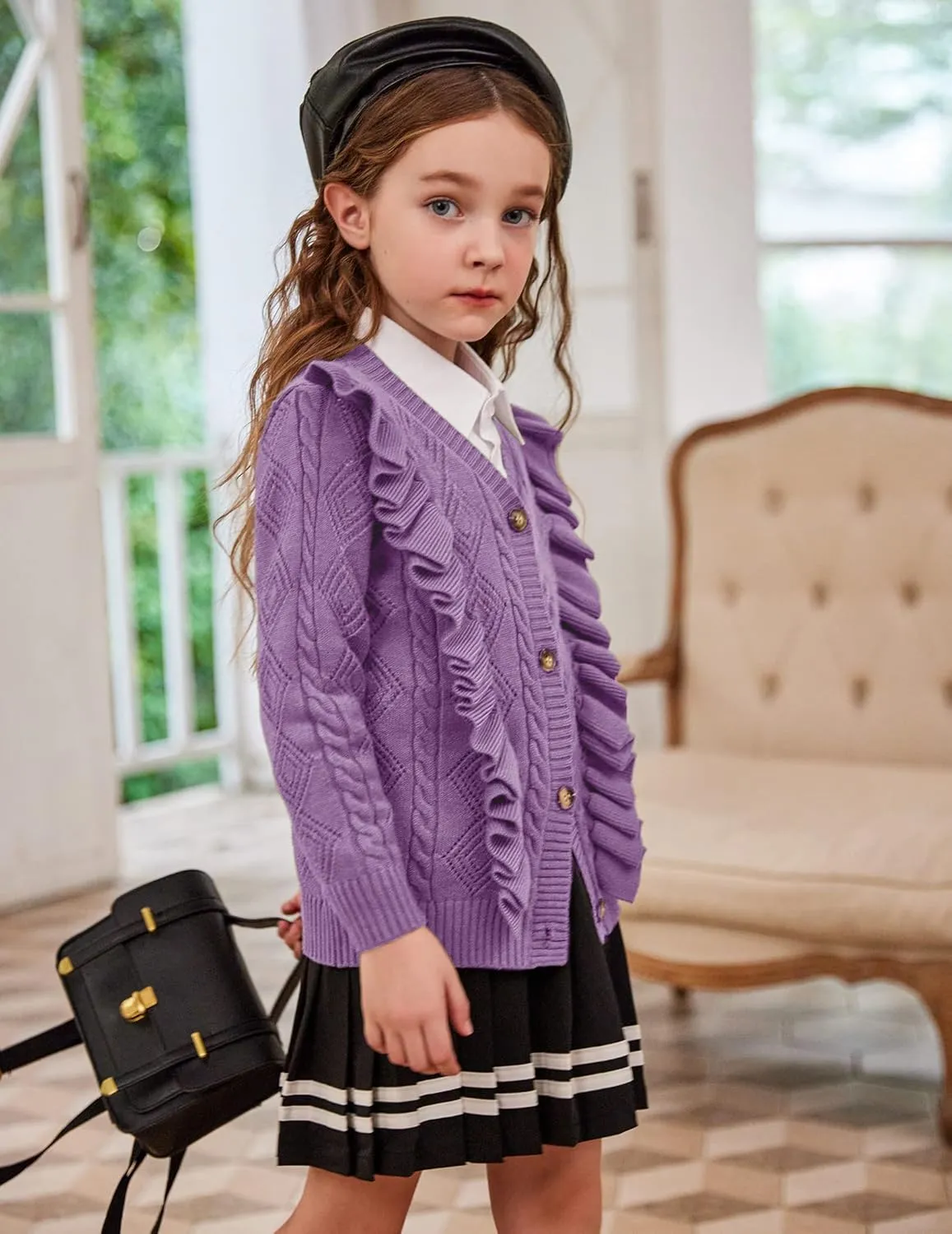 Arshiner Girls Cardigan Sweaters Ruffle School Uniform Sweater