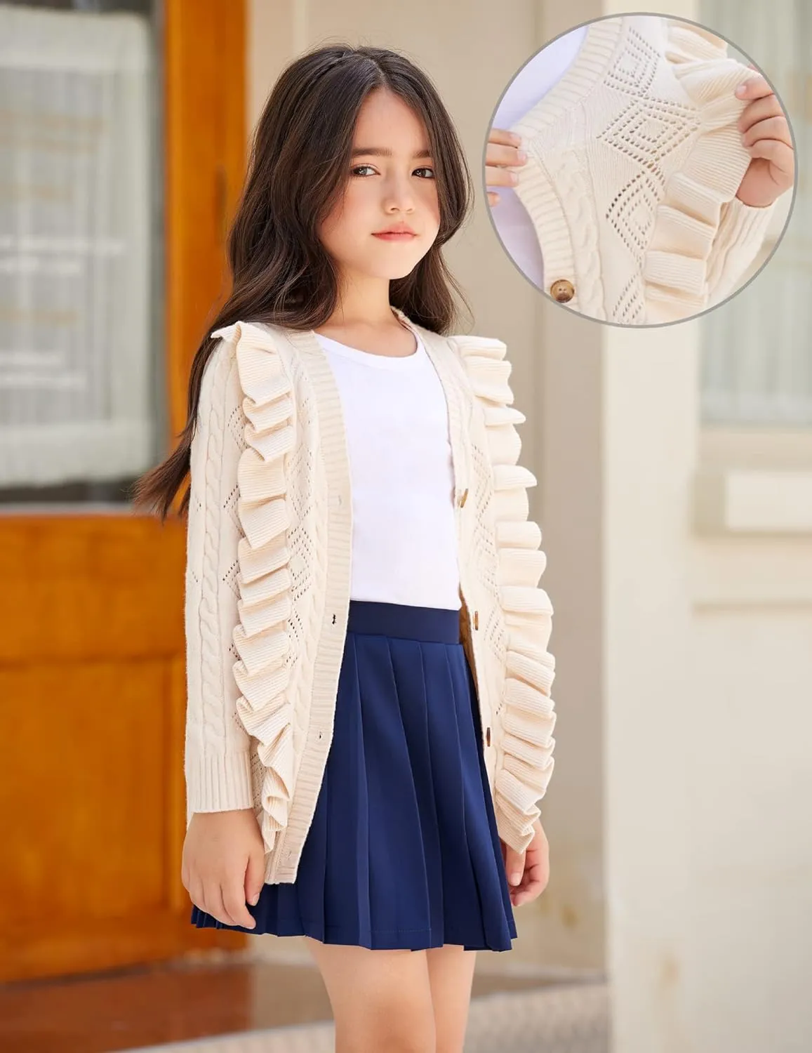 Arshiner Girls Cardigan Sweaters Ruffle School Uniform Sweater