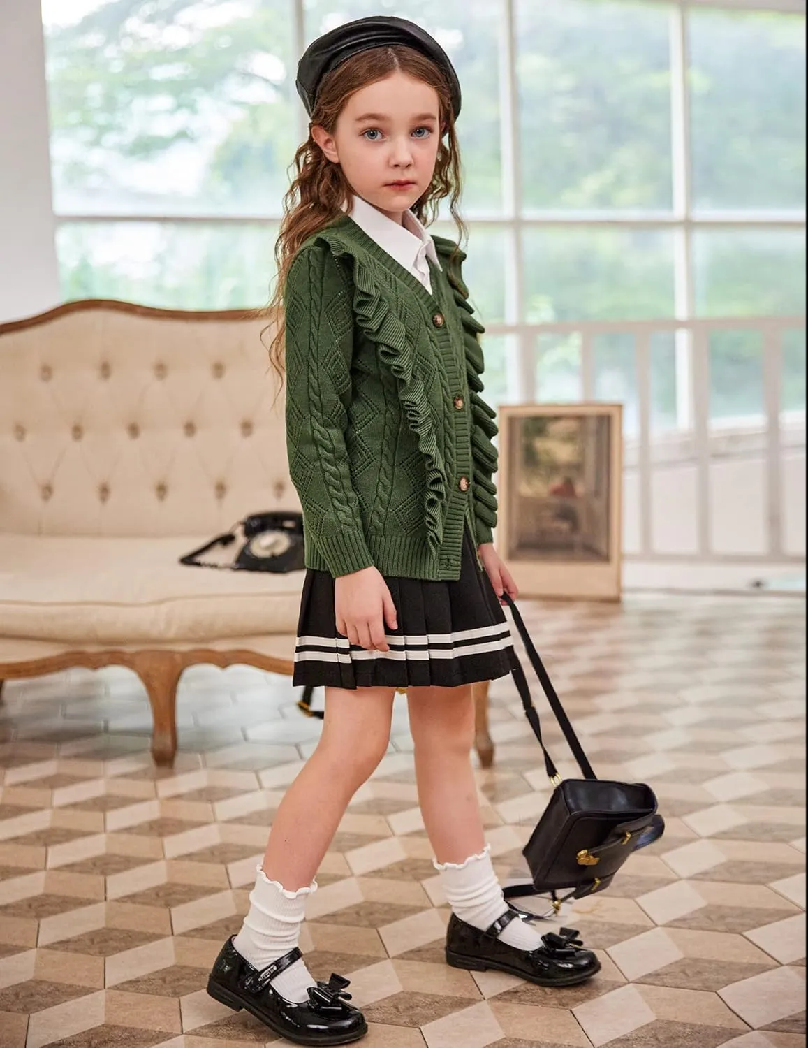 Arshiner Girls Cardigan Sweaters Ruffle School Uniform Sweater