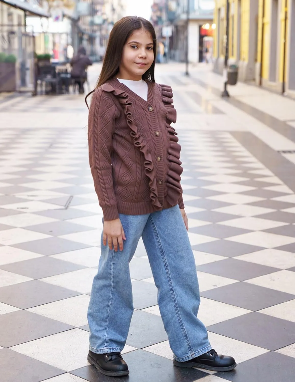 Arshiner Girls Cardigan Sweaters Ruffle School Uniform Sweater