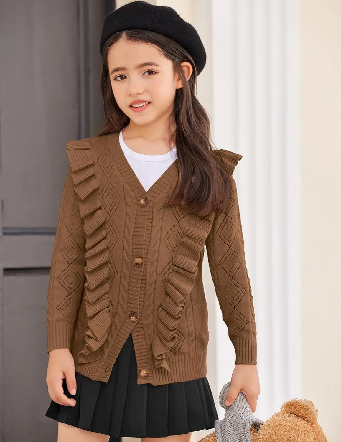 Arshiner Girls Cardigan Sweaters Ruffle School Uniform Sweater