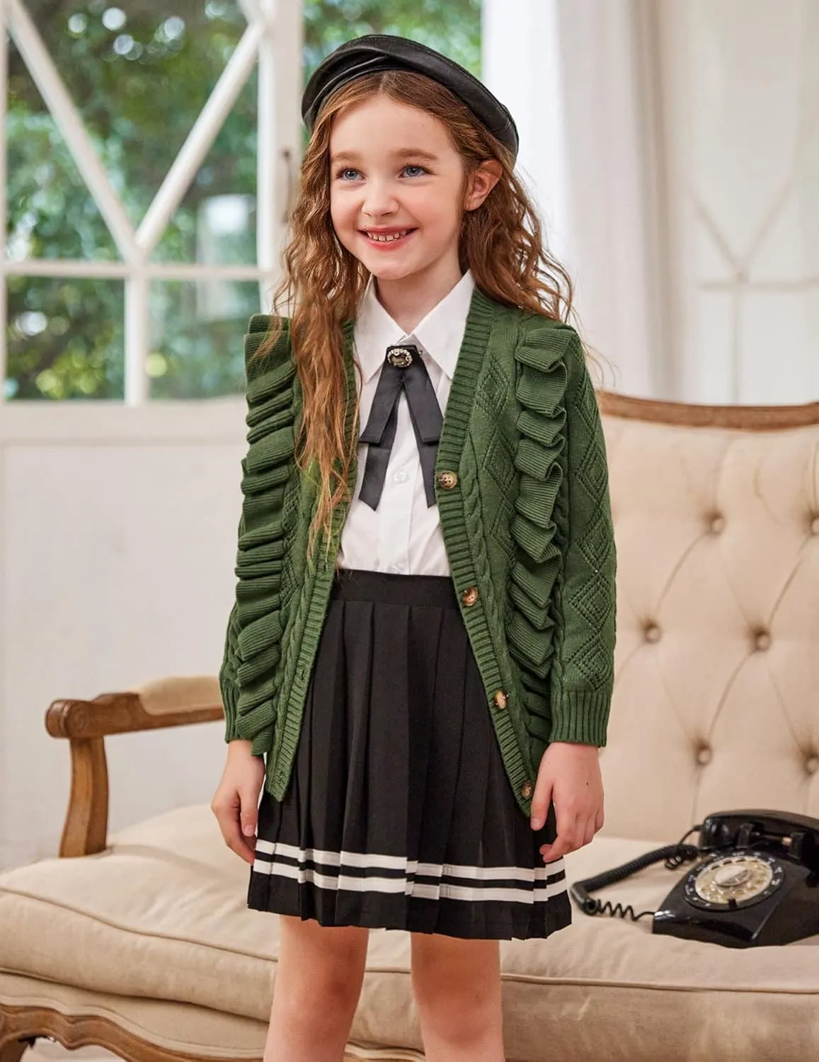 Arshiner Girls Cardigan Sweaters Ruffle School Uniform Sweater