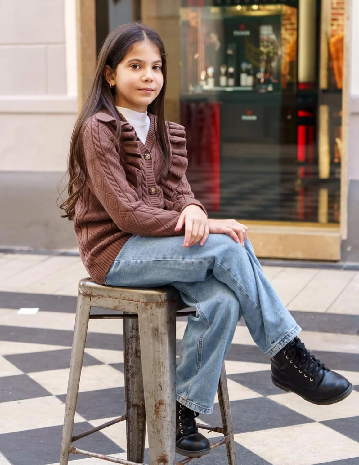 Arshiner Girls Cardigan Sweaters Ruffle School Uniform Sweater