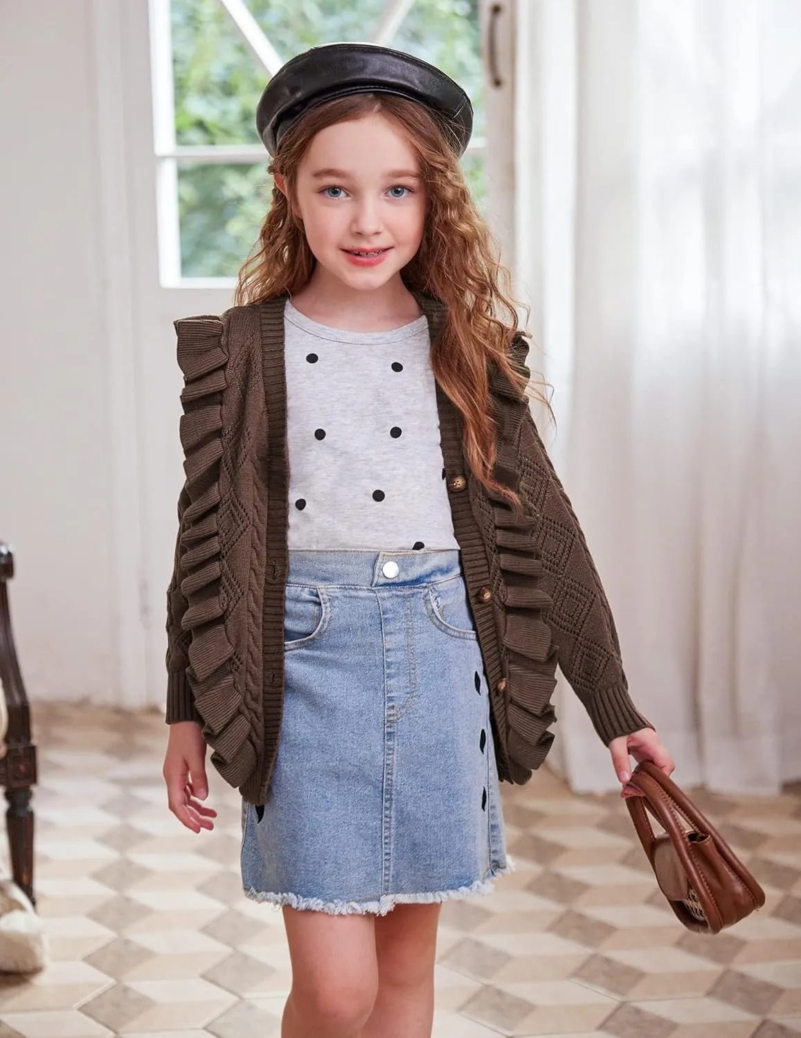 Arshiner Girls Cardigan Sweaters Ruffle School Uniform Sweater