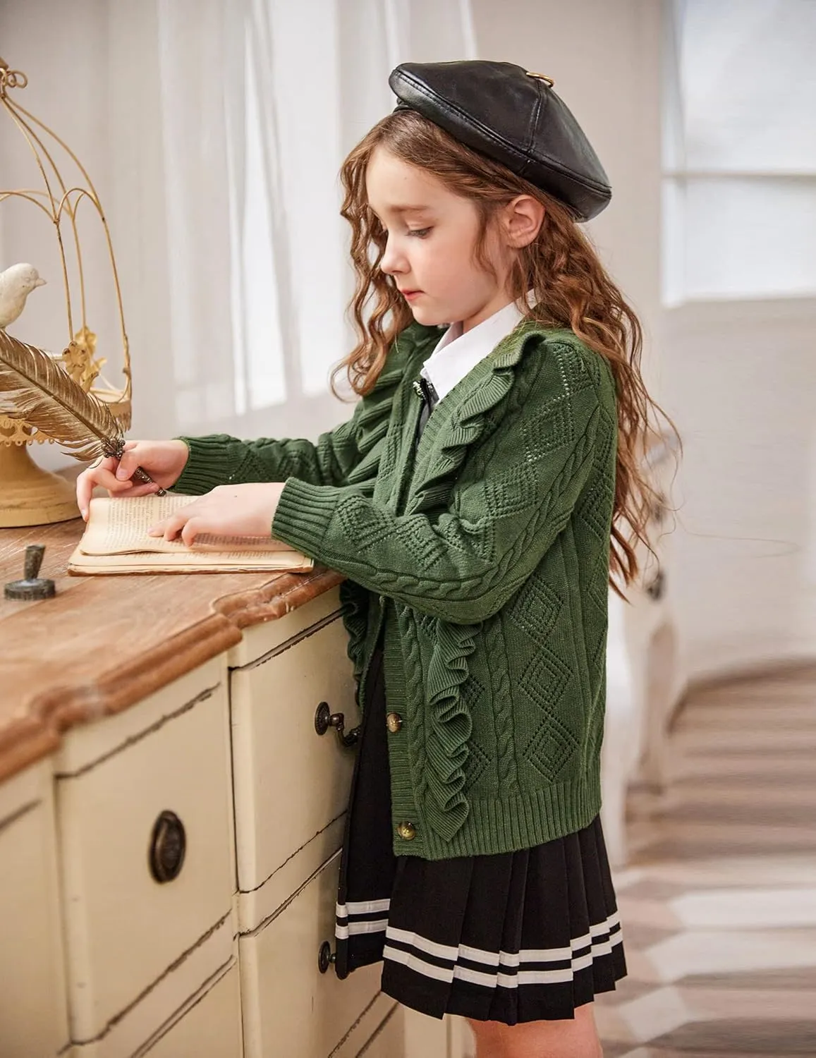 Arshiner Girls Cardigan Sweaters Ruffle School Uniform Sweater