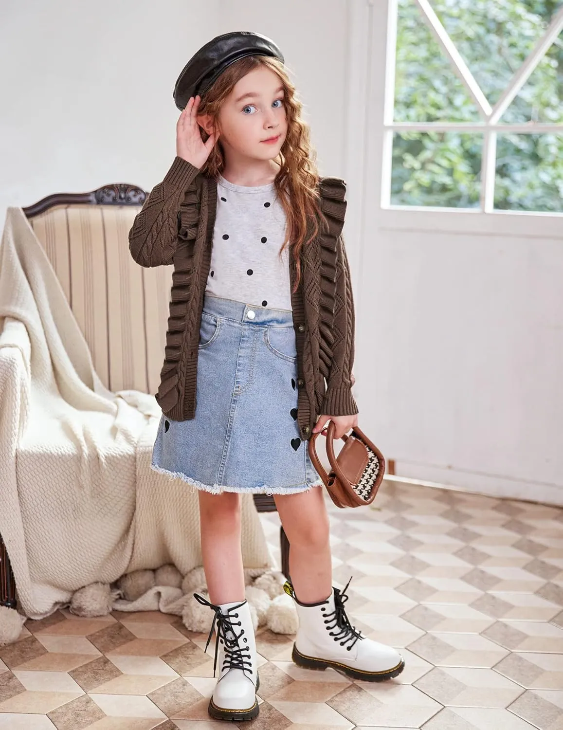 Arshiner Girls Cardigan Sweaters Ruffle School Uniform Sweater