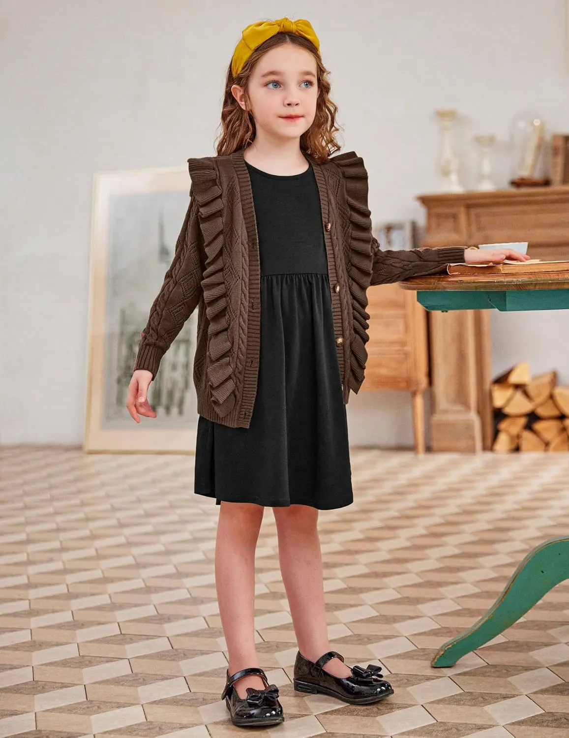 Arshiner Girls Cardigan Sweaters Ruffle School Uniform Sweater
