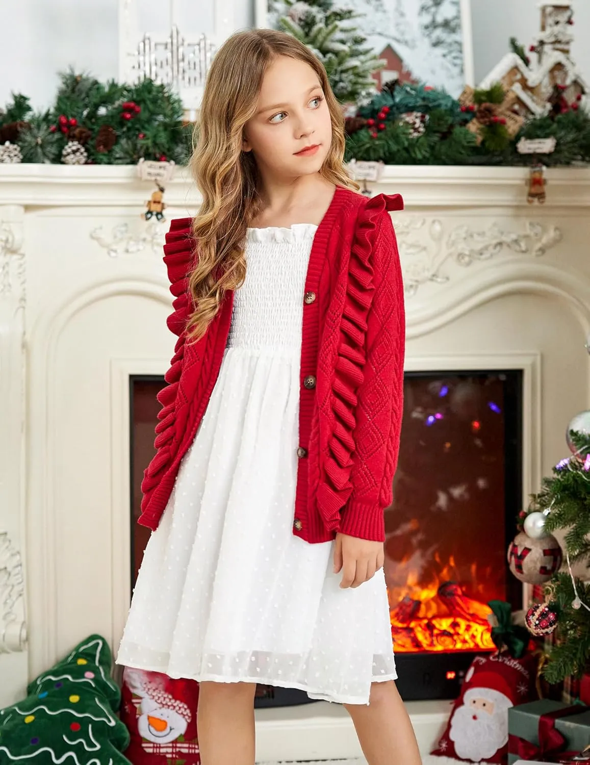 Arshiner Girls Cardigan Sweaters Ruffle School Uniform Sweater