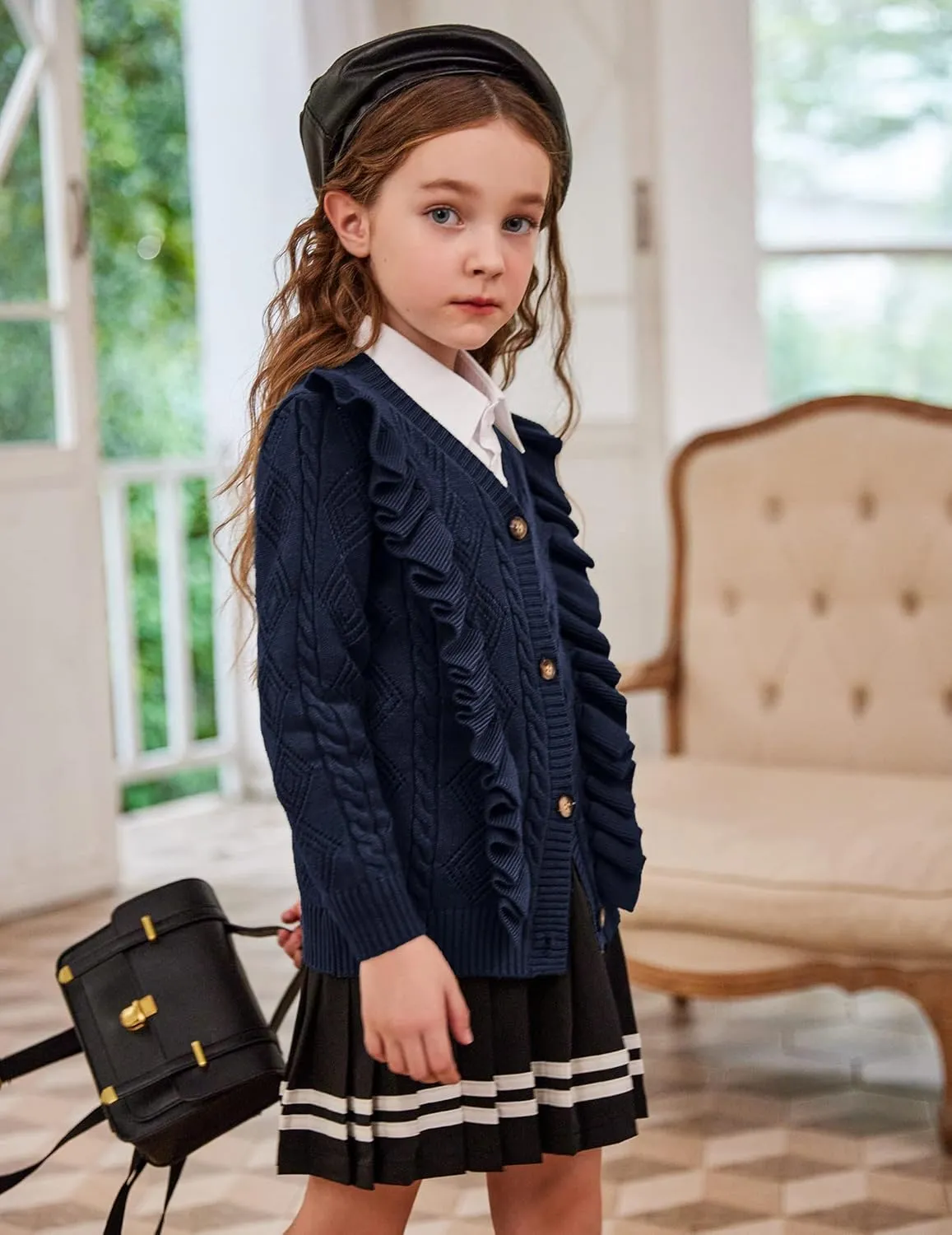 Arshiner Girls Cardigan Sweaters Ruffle School Uniform Sweater
