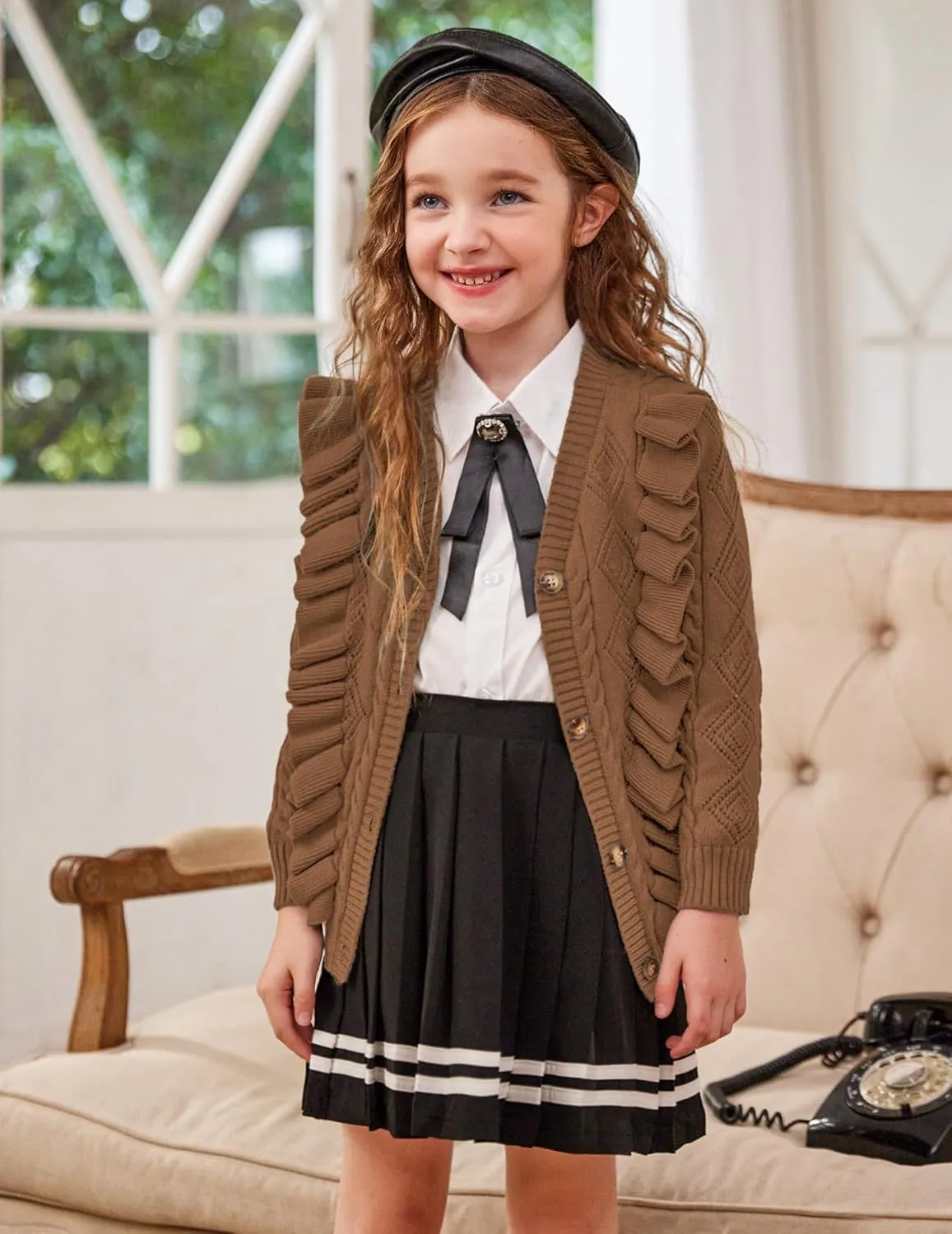 Arshiner Girls Cardigan Sweaters Ruffle School Uniform Sweater