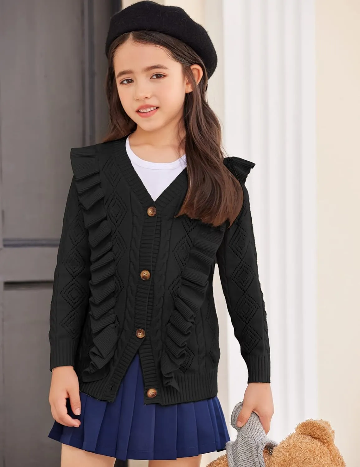 Arshiner Girls Cardigan Sweaters Ruffle School Uniform Sweater