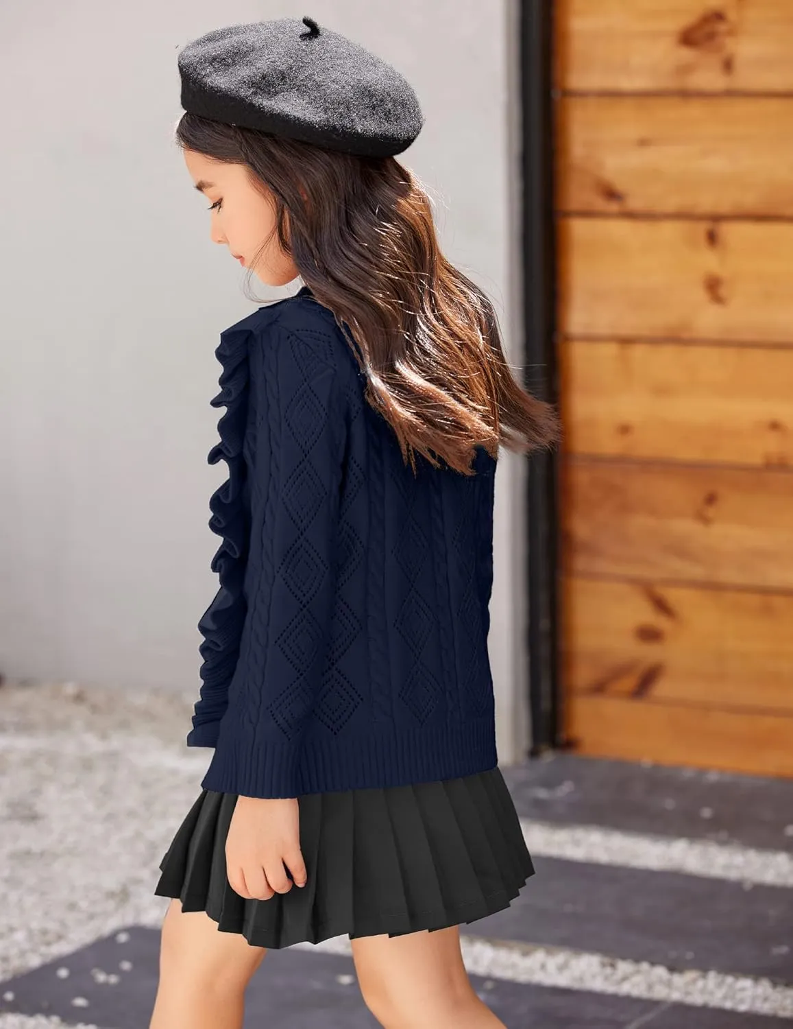 Arshiner Girls Cardigan Sweaters Ruffle School Uniform Sweater