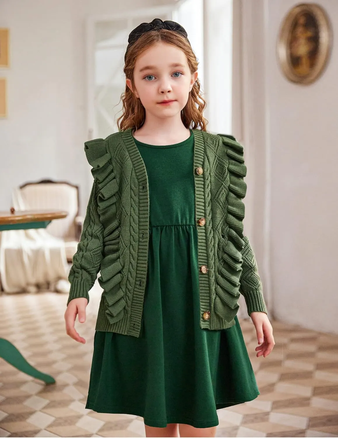 Arshiner Girls Cardigan Sweaters Ruffle School Uniform Sweater