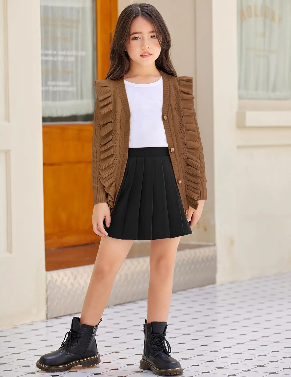 Arshiner Girls Cardigan Sweaters Ruffle School Uniform Sweater