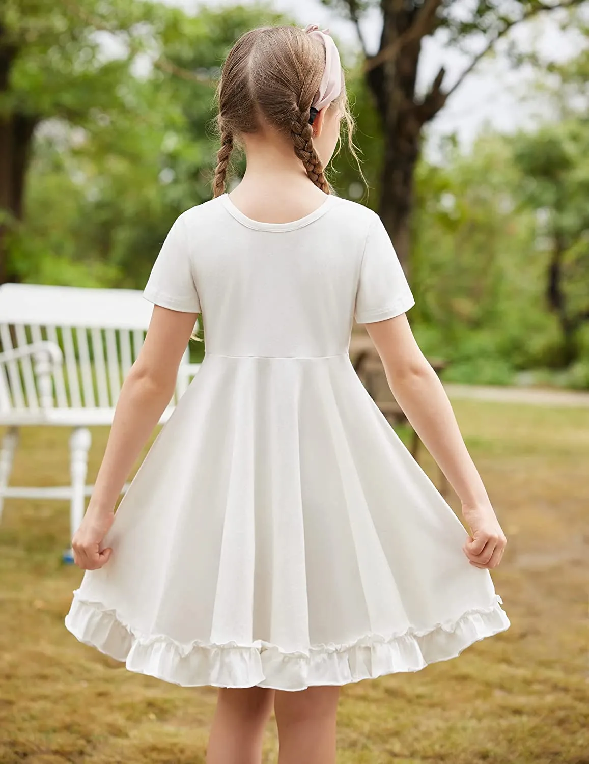 Arshiner Girls Short Sleeve Ruffle Hem A-Line Casual Skater Party Dress with Pockets 6-12 Years