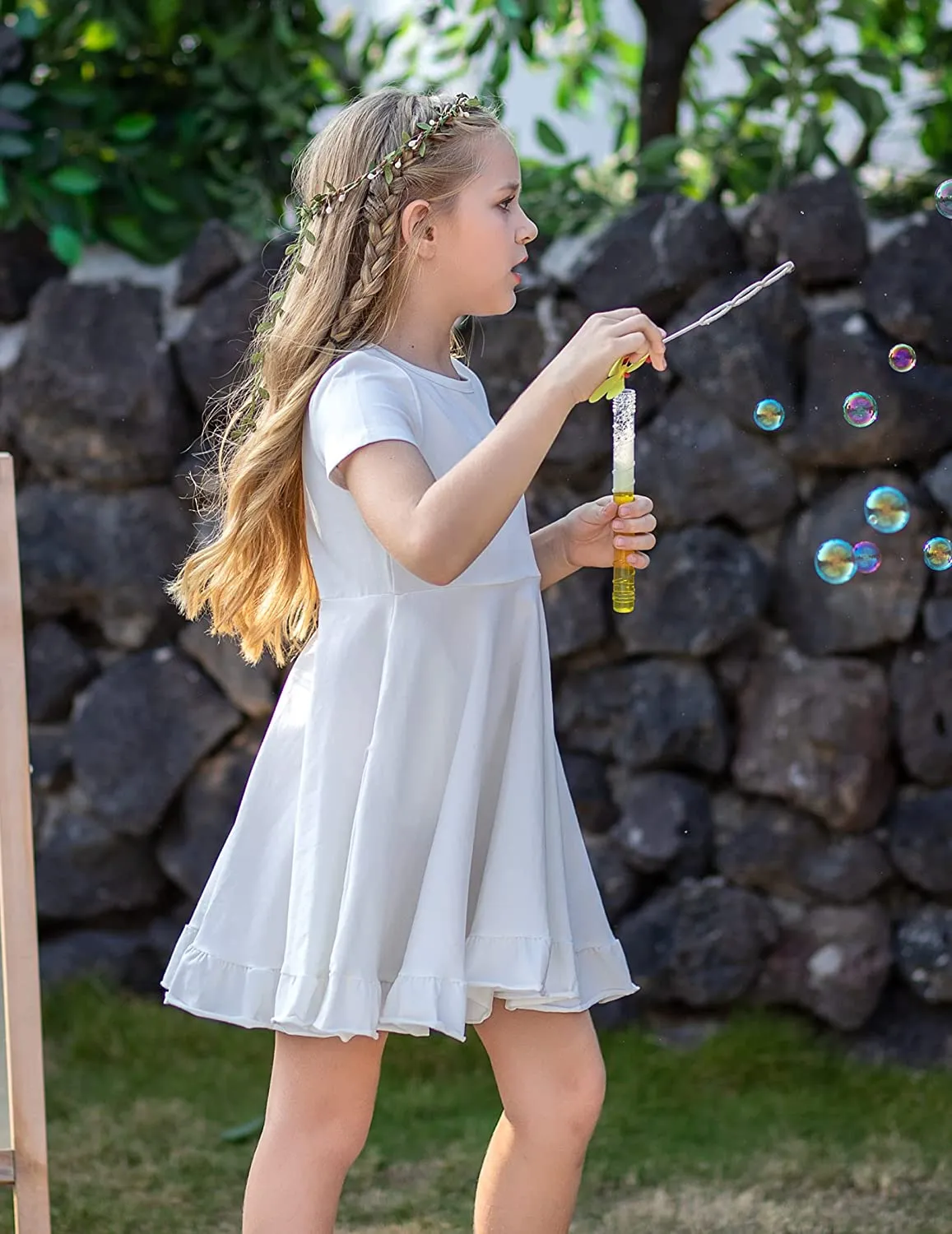 Arshiner Girls Short Sleeve Ruffle Hem A-Line Casual Skater Party Dress with Pockets 6-12 Years