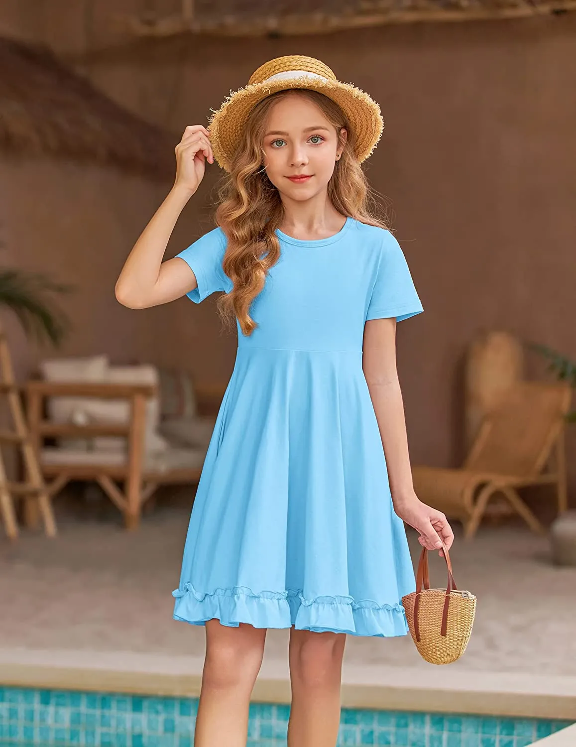 Arshiner Girls Short Sleeve Ruffle Hem A-Line Casual Skater Party Dress with Pockets 6-12 Years