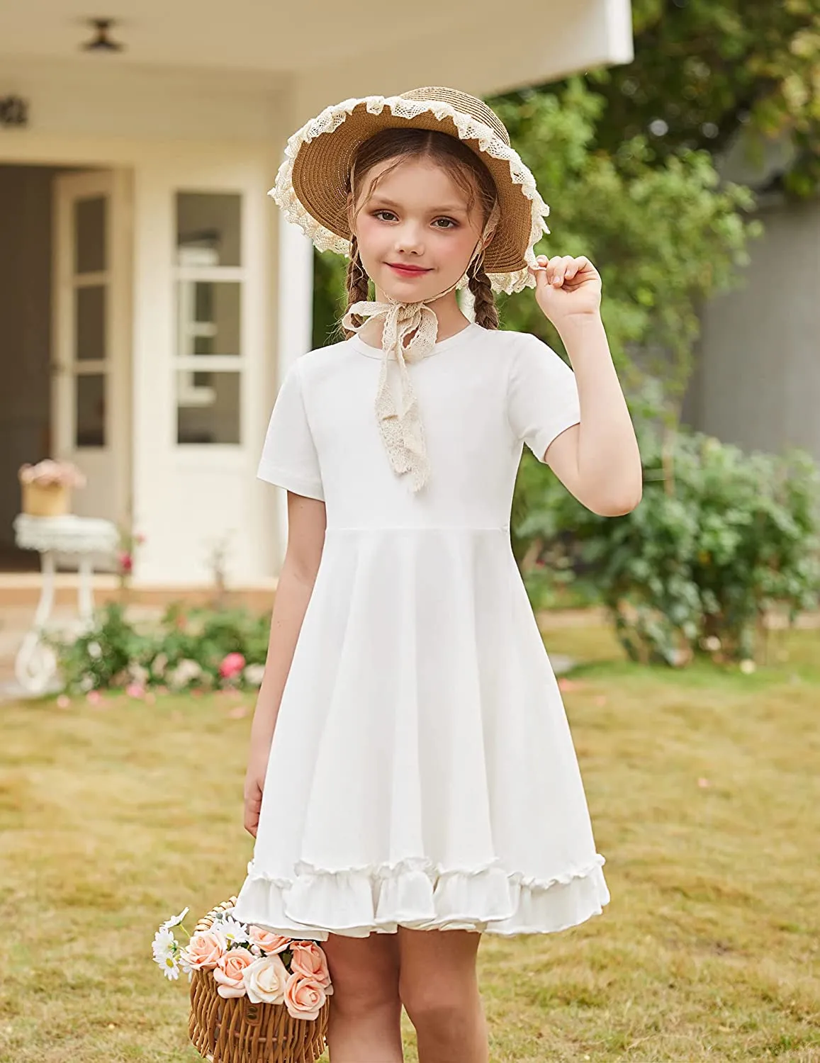 Arshiner Girls Short Sleeve Ruffle Hem A-Line Casual Skater Party Dress with Pockets 6-12 Years