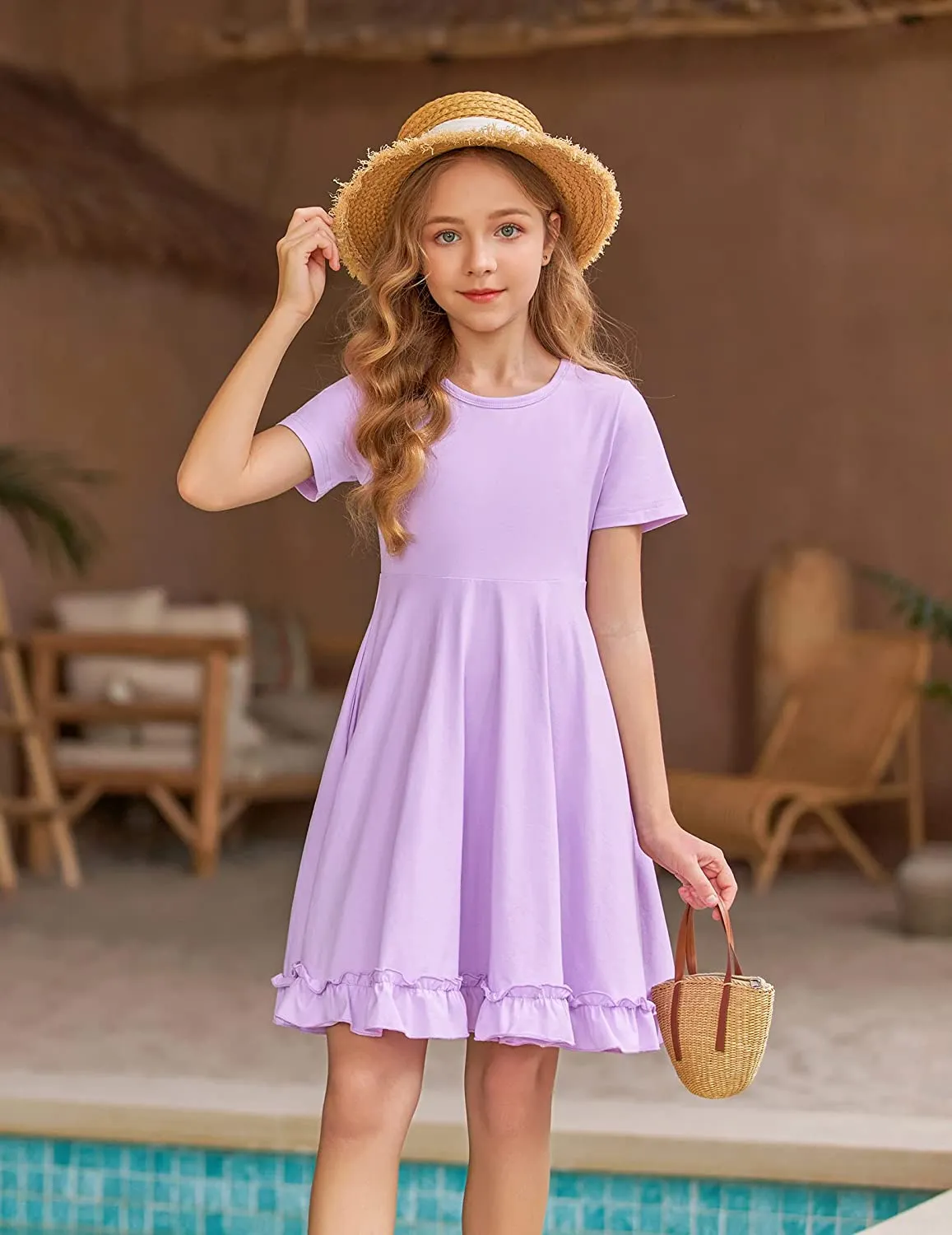 Arshiner Girls Short Sleeve Ruffle Hem A-Line Casual Skater Party Dress with Pockets 6-12 Years