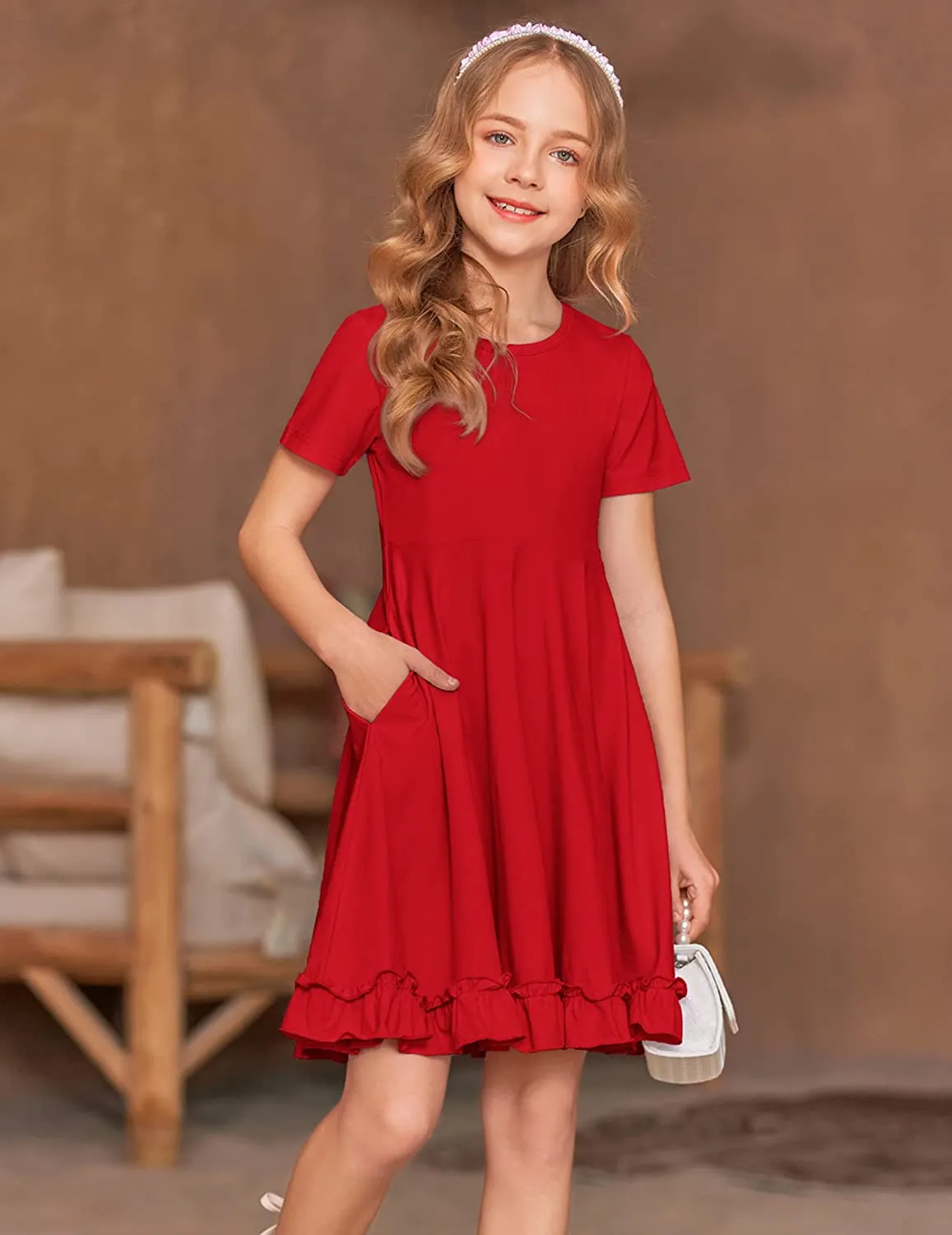 Arshiner Girls Short Sleeve Ruffle Hem A-Line Casual Skater Party Dress with Pockets 6-12 Years
