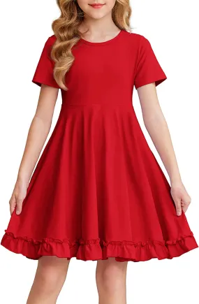 Arshiner Girls Short Sleeve Ruffle Hem A-Line Casual Skater Party Dress with Pockets 6-12 Years
