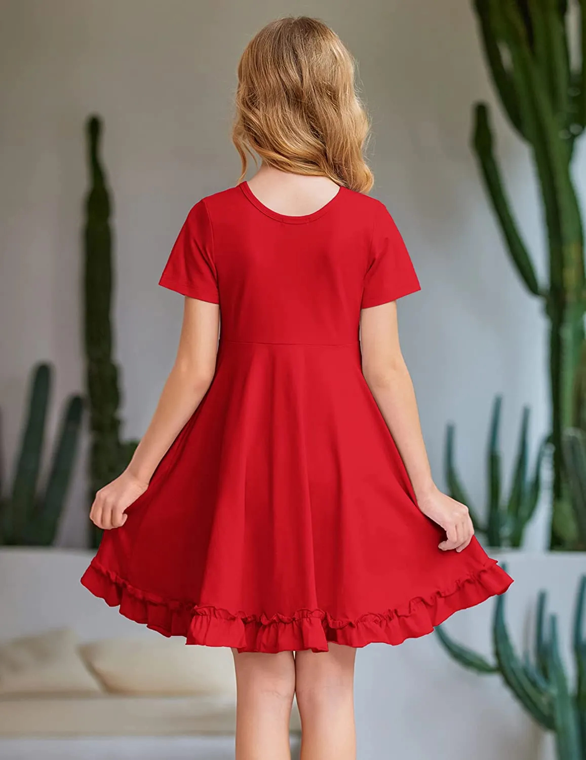 Arshiner Girls Short Sleeve Ruffle Hem A-Line Casual Skater Party Dress with Pockets 6-12 Years