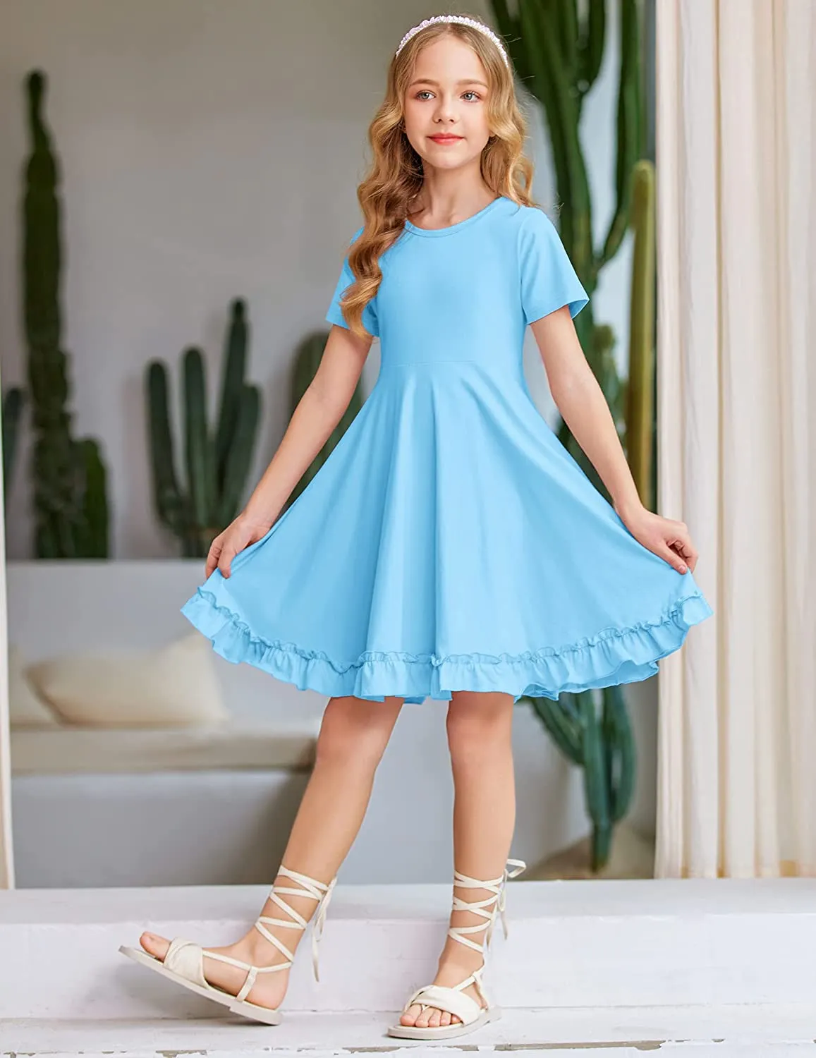 Arshiner Girls Short Sleeve Ruffle Hem A-Line Casual Skater Party Dress with Pockets 6-12 Years