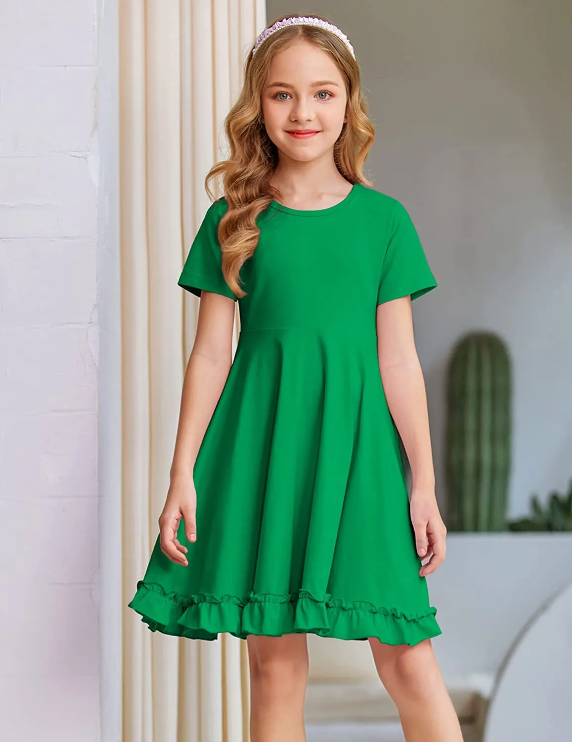Arshiner Girls Short Sleeve Ruffle Hem A-Line Casual Skater Party Dress with Pockets 6-12 Years