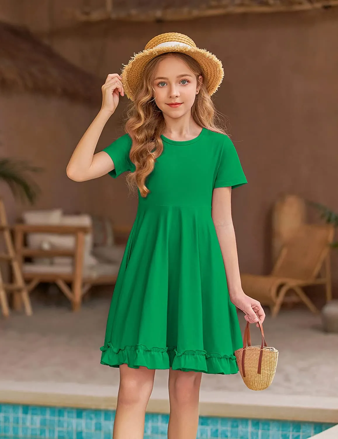Arshiner Girls Short Sleeve Ruffle Hem A-Line Casual Skater Party Dress with Pockets 6-12 Years