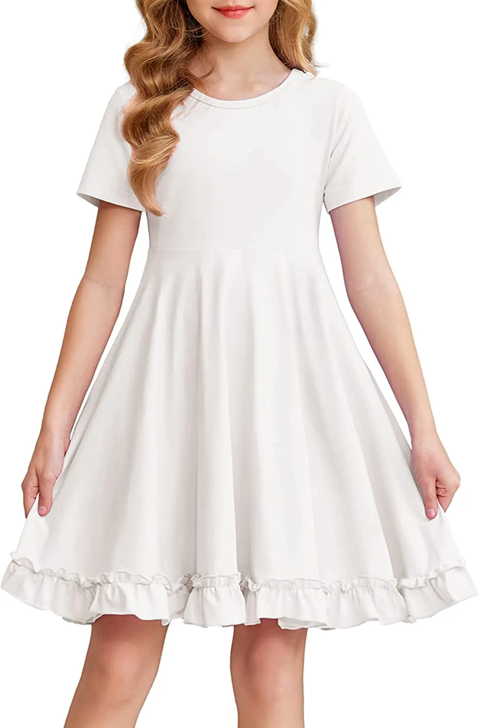 Arshiner Girls Short Sleeve Ruffle Hem A-Line Casual Skater Party Dress with Pockets 6-12 Years