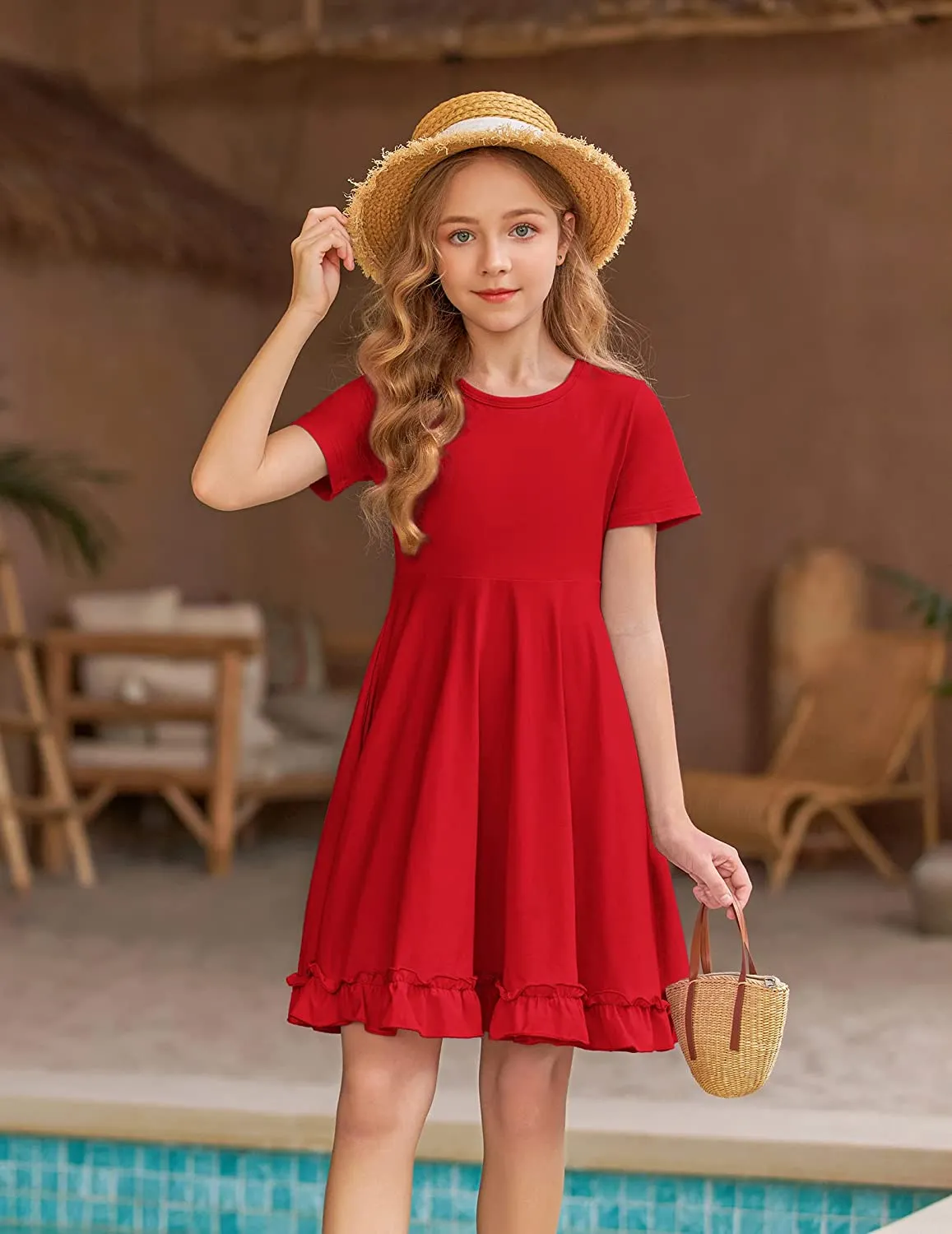 Arshiner Girls Short Sleeve Ruffle Hem A-Line Casual Skater Party Dress with Pockets 6-12 Years