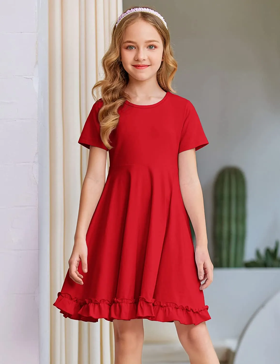 Arshiner Girls Short Sleeve Ruffle Hem A-Line Casual Skater Party Dress with Pockets 6-12 Years