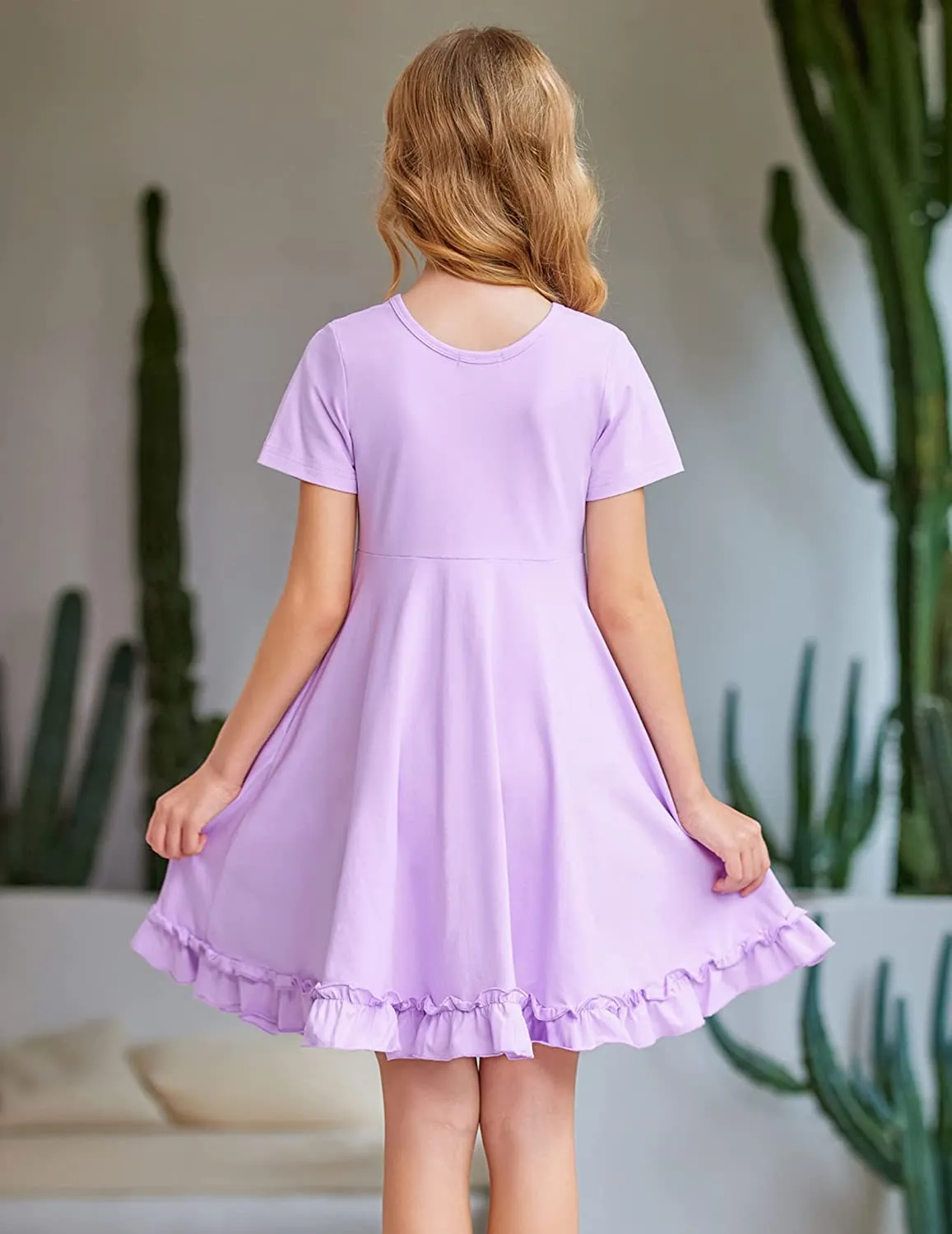 Arshiner Girls Short Sleeve Ruffle Hem A-Line Casual Skater Party Dress with Pockets 6-12 Years