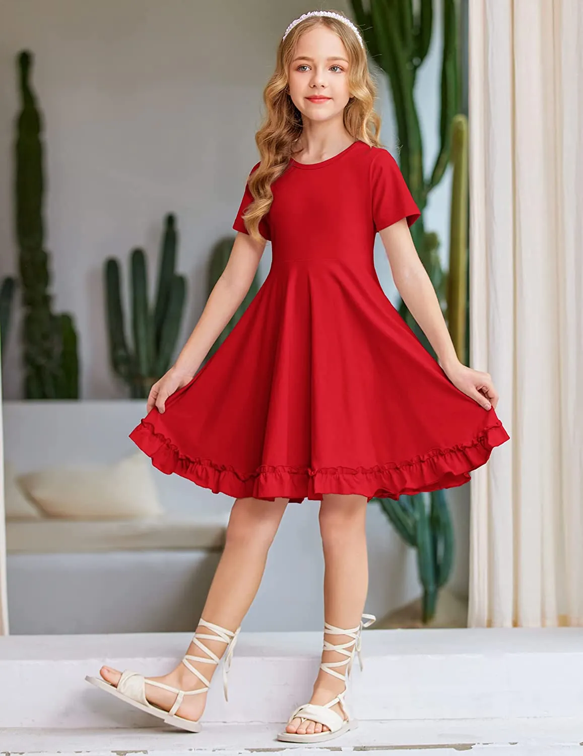 Arshiner Girls Short Sleeve Ruffle Hem A-Line Casual Skater Party Dress with Pockets 6-12 Years