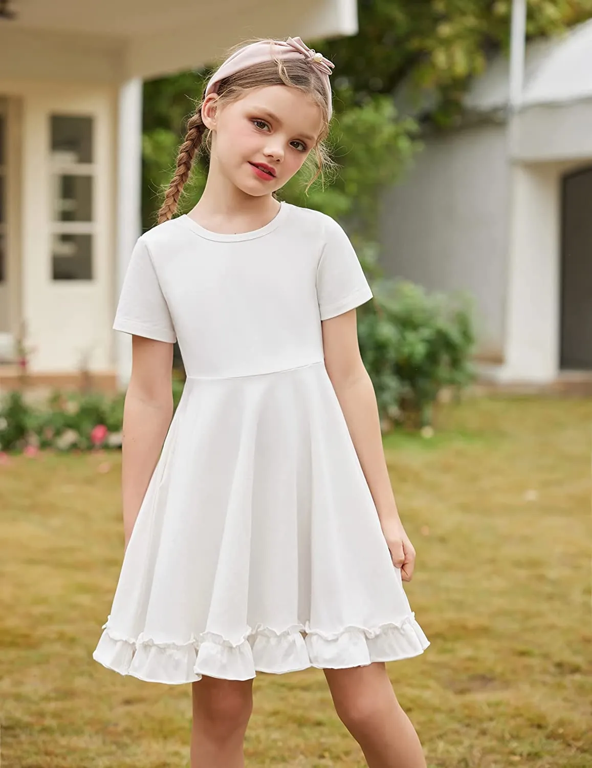 Arshiner Girls Short Sleeve Ruffle Hem A-Line Casual Skater Party Dress with Pockets 6-12 Years