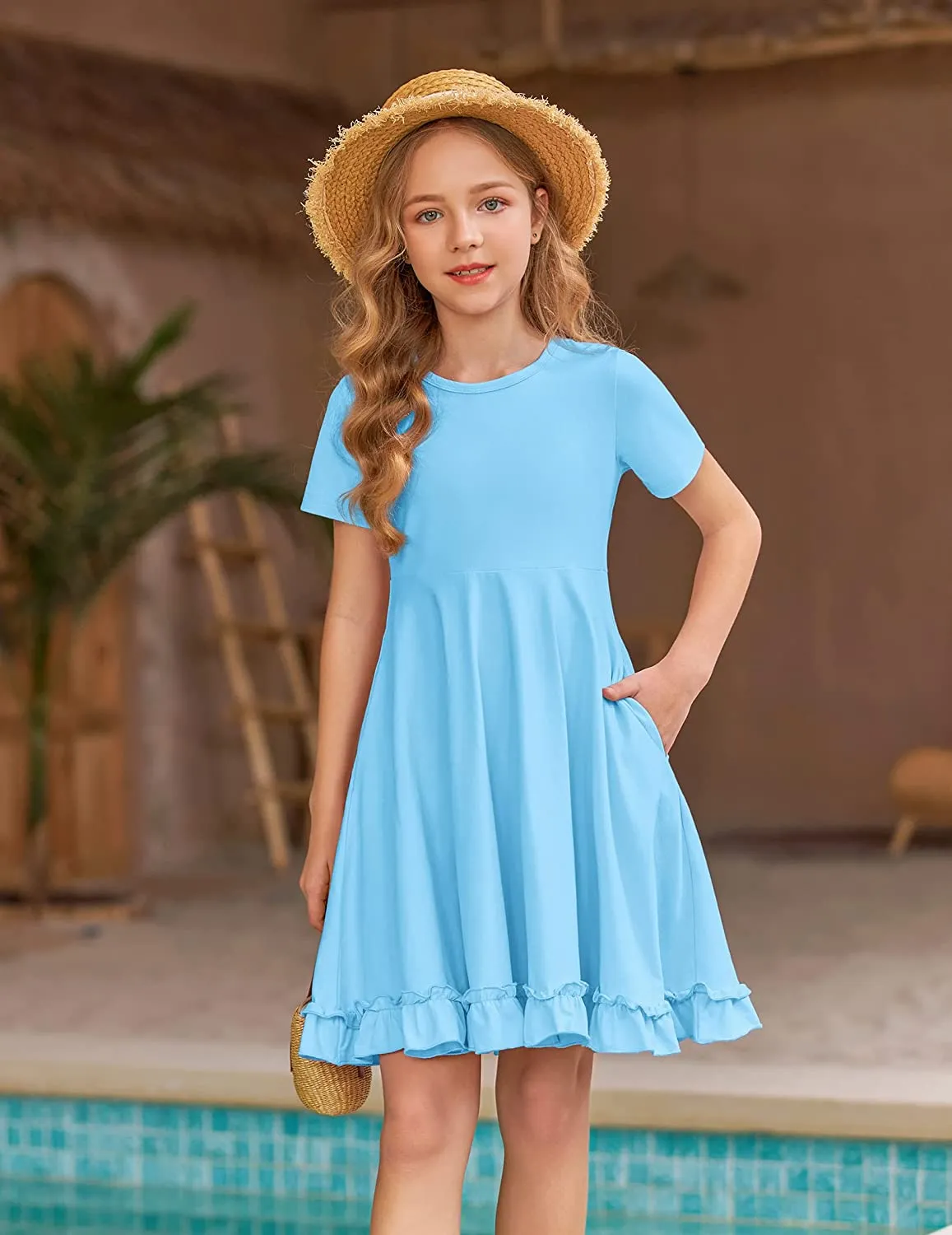 Arshiner Girls Short Sleeve Ruffle Hem A-Line Casual Skater Party Dress with Pockets 6-12 Years