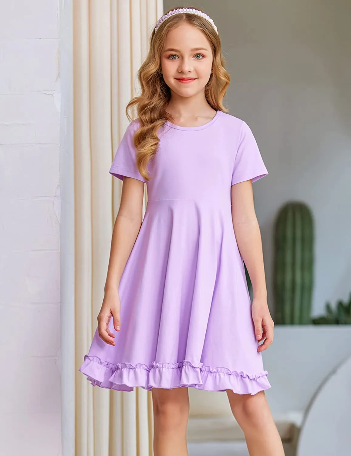 Arshiner Girls Short Sleeve Ruffle Hem A-Line Casual Skater Party Dress with Pockets 6-12 Years