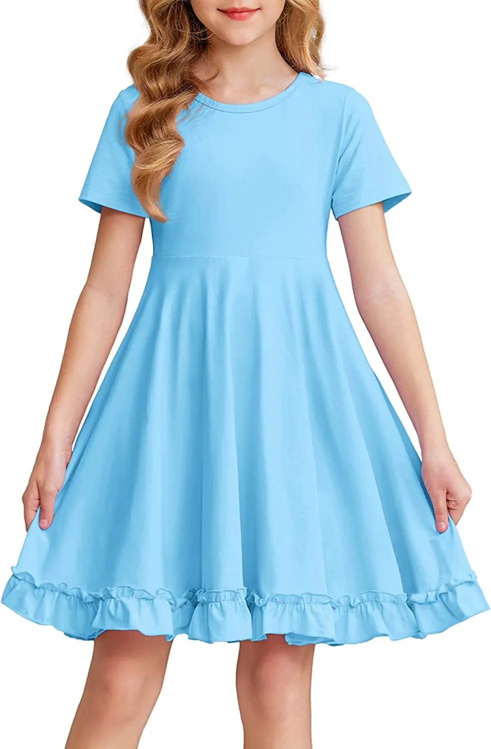 Arshiner Girls Short Sleeve Ruffle Hem A-Line Casual Skater Party Dress with Pockets 6-12 Years