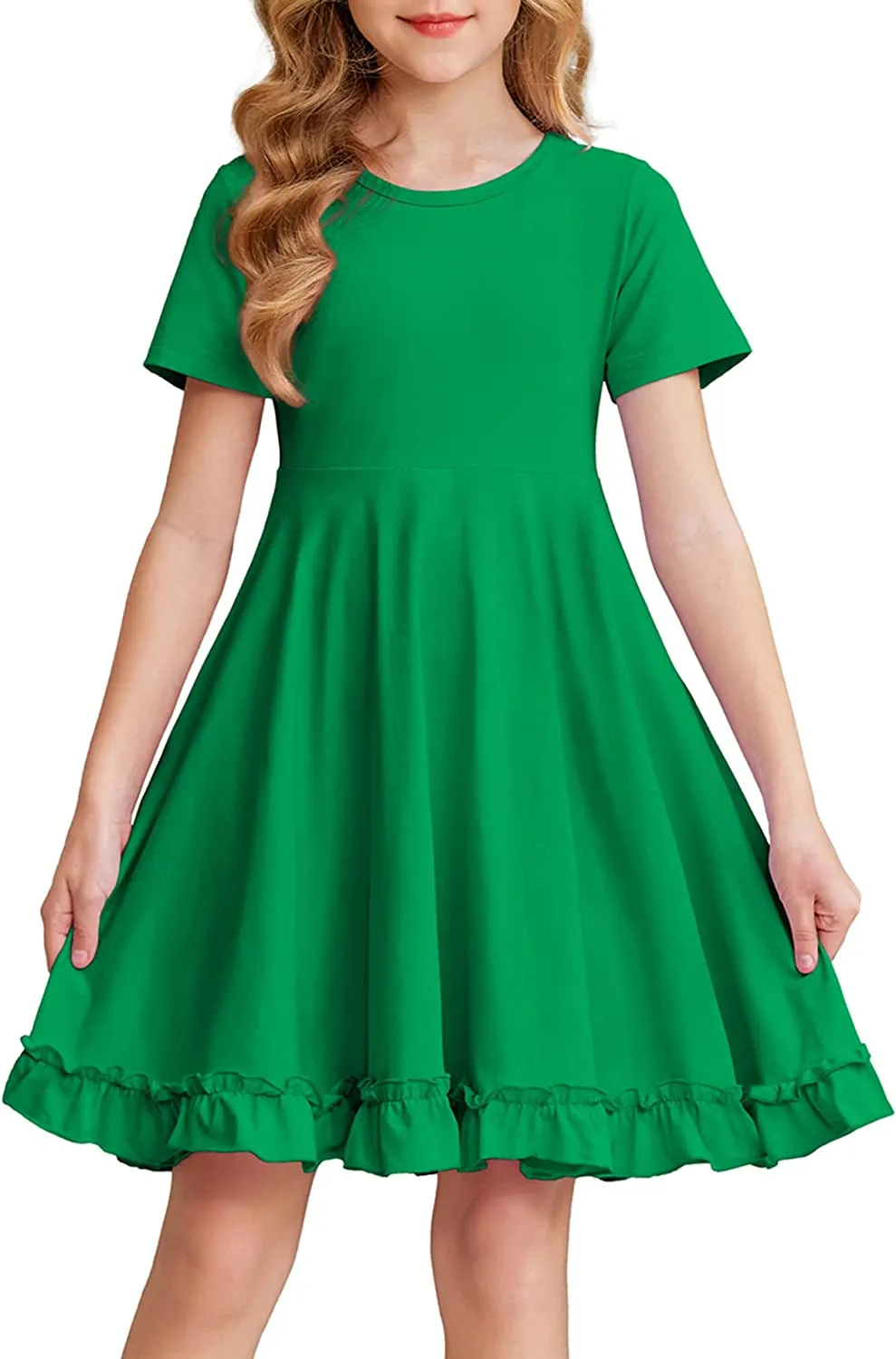 Arshiner Girls Short Sleeve Ruffle Hem A-Line Casual Skater Party Dress with Pockets 6-12 Years